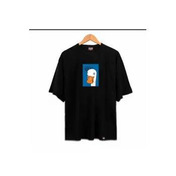 Kadın Siyah Ördek Baskılı Oversize Bisiklet Yaka Tshirt