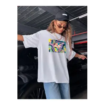 Kadın Siyah Oversize %100 Pamuk Endless Baskılı T-shirt