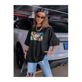 Kadın Siyah Oversize %100 Pamuk Endless Baskılı T-shirt