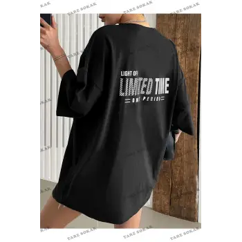 Kadın Siyah Oversize Limited Time Baskılı