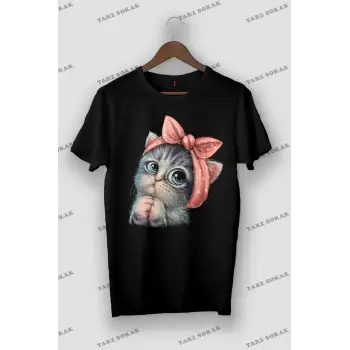 Kadın Siyah Sevimli Minik Kedi Baskılı Oversize