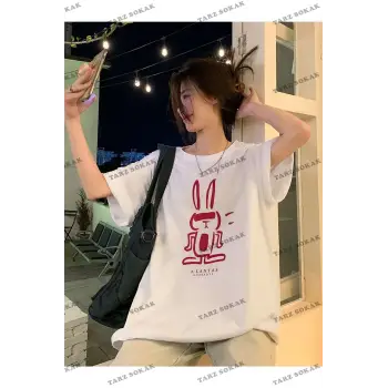 Kadın Siyah Tavşan Baskılı Oversize