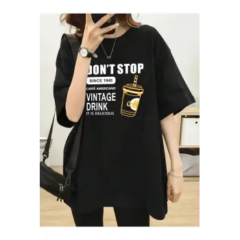 Kadın Siyah Vintage Drink Baskılı Oversize T-shirt