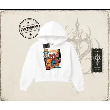 Kadın Spider Cat Kadın Crop Kapşonlu Sweatshirt Beyaz