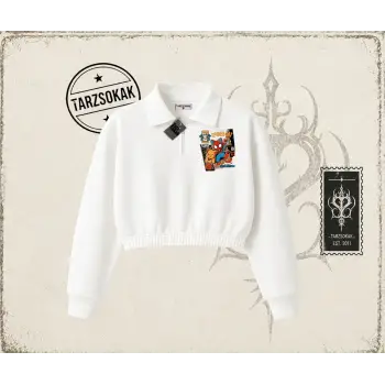 Kadın Spider Cat Kadın Crop Polo Yaka Yarım Fermuarlı Sweatshirt Beyaz