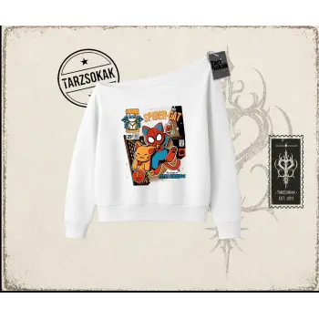 Kadın Spider Cat Kadın Kayık Yaka Sweatshirt Beyaz
