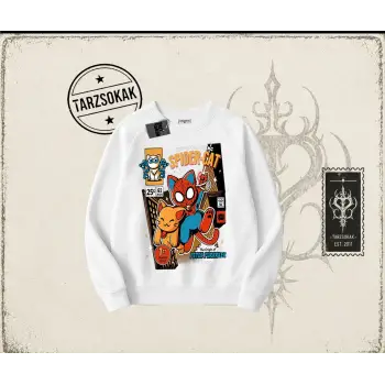 Kadın Spider Cat Oversize Unisex Bisiklet Yaka Sweatshirt Beyaz