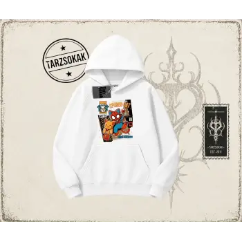 Kadın Spider Cat Oversize Unisex Kapşonlu Sweatshirt Beyaz