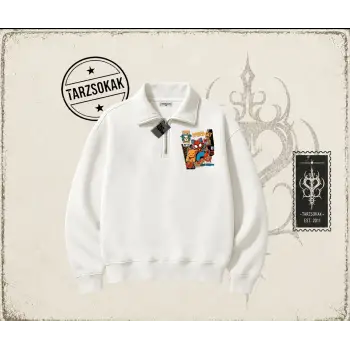 Kadın Spider Cat Unisex Polo Yaka Yarım Fermuarlı Sweatshirt Beyaz