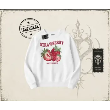 Kadın Strawberry Active Lifestyle Oversize Unisex Bisiklet Yaka Sweatshirt Beyaz