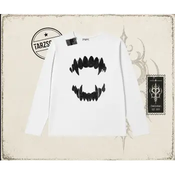 Kadın Teeth Biskilet Yaka  Long Sleeve Beyaz