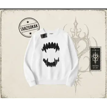 Kadın Teeth Oversize Unisex Bisiklet Yaka Sweatshirt Beyaz