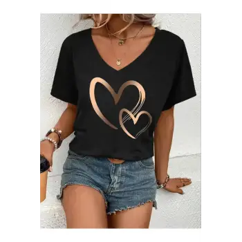 Kadın V yaka Beyaz Siyah T-Shirt Baskılı Oversize