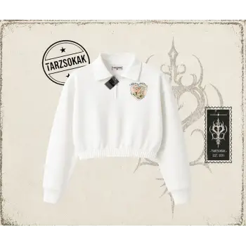 Kadın with Love and Devotion Kadın Crop Polo Yaka Yarım Fermuarlı Sweatshirt Beyaz