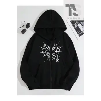 Kalp Ağ Minimal Örümcek Sweatshirt Fermuarlı Hırka Siyah