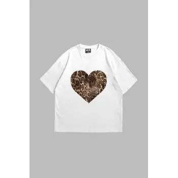 Kalp Leopar Baskılı 24/1 Oversize Unisex Beyaz