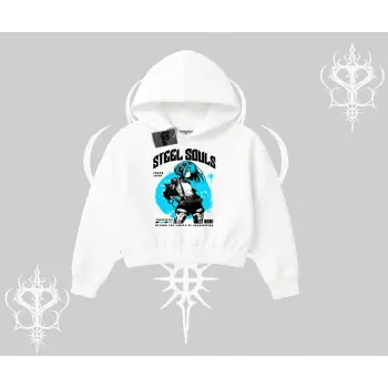 Kapşonlu Crop Sweatshirt Anime Cyberpunk Kız Baskılı