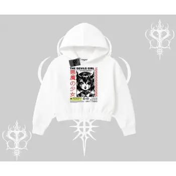 Kapşonlu Crop Sweatshirt Anime Devils Girl Japanese Style Baskılı