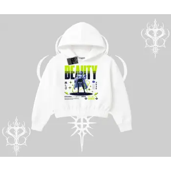 Kapşonlu Crop Sweatshirt Anime Unity Neon Detaylı Grafik Baskılı