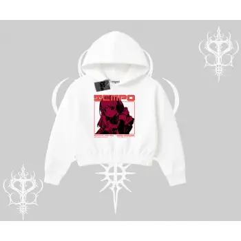 Kapşonlu Crop Sweatshirt Anime Waifu Kırmızı Grafik Desenli