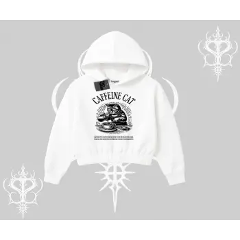 Kapşonlu Crop Sweatshirt Caffeine Cat Kahve Temalı Kedi Baskılı