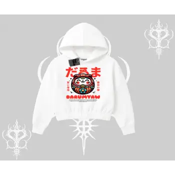 Kapşonlu Crop Sweatshirt Daruma Kedi Anime Baskılı