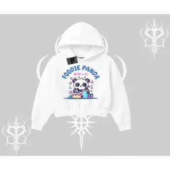 Kapşonlu Crop Sweatshirt Foodie Panda Tatlı ve Sevimli Panda Baskılı