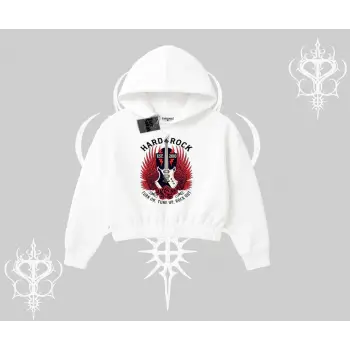 Kapşonlu Crop Sweatshirt Hard Rock Winged Guitar Rebellion