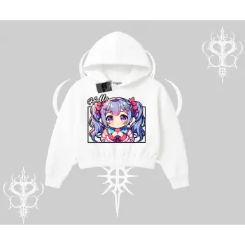 Kapşonlu Crop Sweatshirt Hello Anime Kız Sevimli Karakter Baskılı