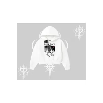 Kapşonlu Crop Sweatshirt Punk Rock Chaos Skeleton Riot