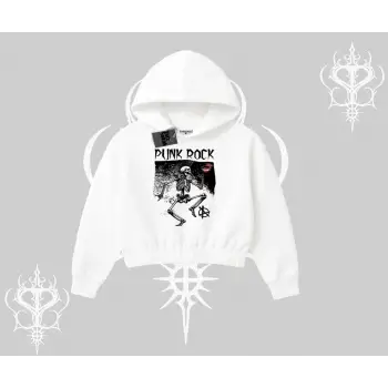 Kapşonlu Crop Sweatshirt Punk Rock Chaos Skeleton Riot