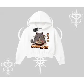 Kapşonlu Crop Sweatshirt Ramen Lover Kedi Anime Baskılı