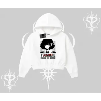 Kapşonlu Crop Sweatshirt Tsundere Anime Japanese Style Baskılı