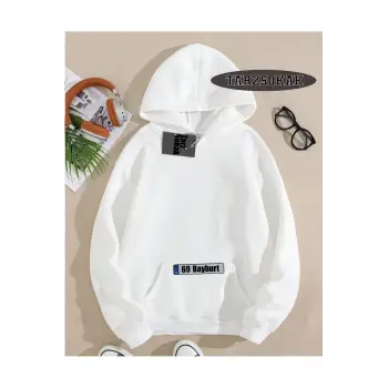 Kapşonlu Sweatshirt Beyaz 69 Bayburt Özel Tasarım Plaka Detaylı