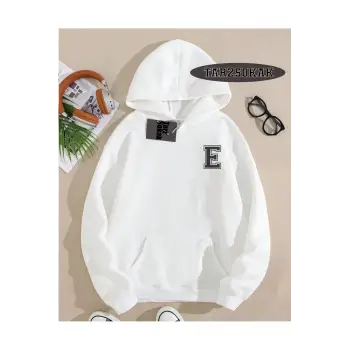 Kapşonlu Sweatshirt Beyaz E HARFİ İSME Özel Tasarım