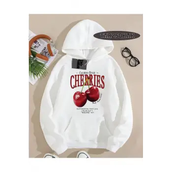 Kapşonlu Sweatshirt Beyaz Red Cherries Özel Tasarım