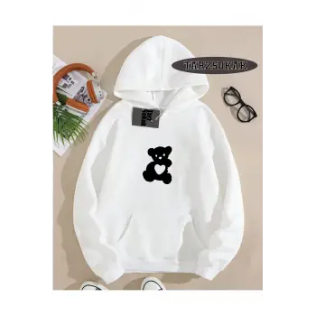 Kapşonlu Sweatshirt Beyaz TATLI AYI Özel Tasarım