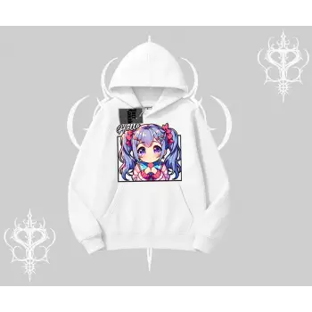 Kapşonlu Sweatshirt Hello Anime Kız Sevimli Karakter Baskılı