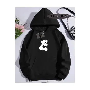 Kapşonlu Sweatshirt Siyah TATLI AYI Özel Tasarım