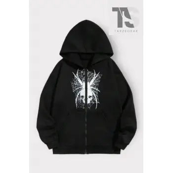 Karadul Ağ Desen Sweatshirt Fermuarlı Hırka Siyah