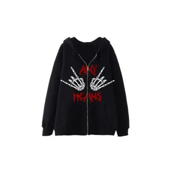 Karanlık Gotik El Kemik Baskılı Fermuarlı Hoodie 14536