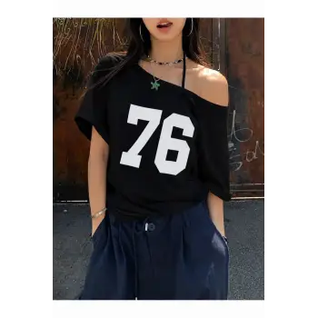 Kayık Yaka 76 Baskılı Oversize %100 Pamuk