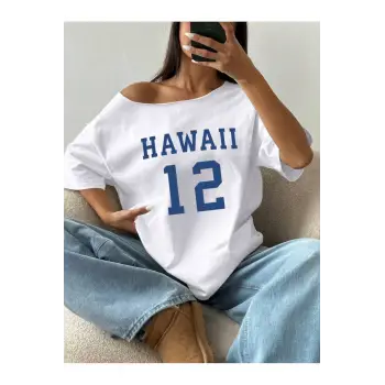 Kayık Yaka Hawaii Baskılı Oversize %100 Pamuk