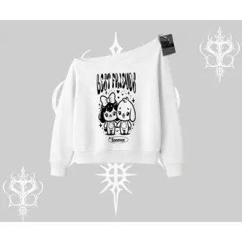 Kayık Yaka Sweatshirt Best Friends Forever Baskılı Sevimli Tasarım