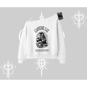 Kayık Yaka Sweatshirt Caffeine Cat Kahve Temalı Kedi Baskılı
