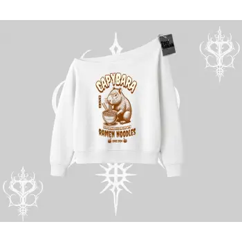 Kayık Yaka Sweatshirt Cute Capybara Enjoying Ramen Noodles Artwork