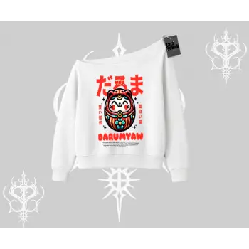 Kayık Yaka Sweatshirt Daruma Kedi Anime Baskılı