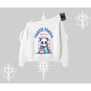 Kayık Yaka Sweatshirt Foodie Panda Tatlı ve Sevimli Panda Baskılı
