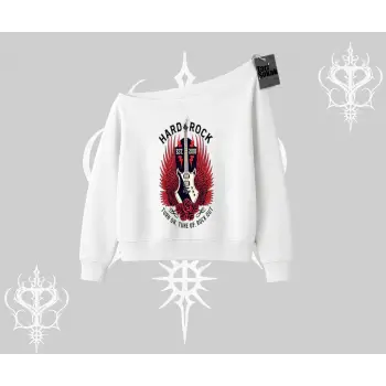 Kayık Yaka Sweatshirt Hard Rock Winged Guitar Rebellion