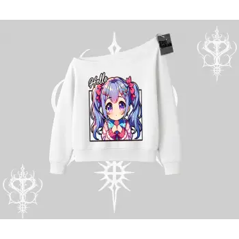 Kayık Yaka Sweatshirt Hello Anime Kız Sevimli Karakter Baskılı